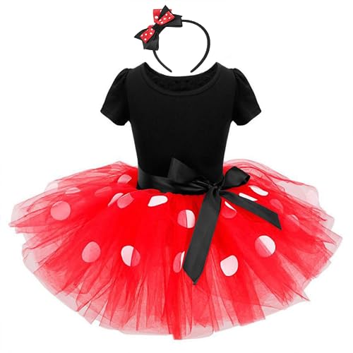 IBTOM CASTLE Minnie Mouse Kostüm Kinder Mädchen, Polka Dot Geburtstag Kleid mit Maus Ohren Haarreif, Halloween Party Verkleidung, Tütü Prinzessin Kleid Fasching Karneval Rot2 2-3 Jahre von IBTOM CASTLE