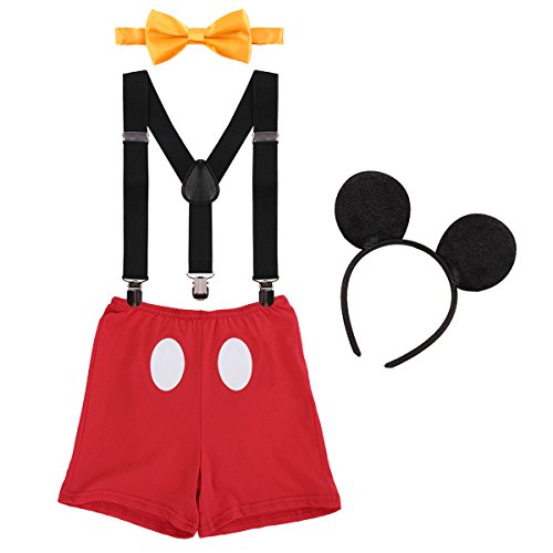 IBTOM CASTLE Neugeborenen Kleinkind Baby 1./2./3. Geburtstag Halloween Kostüm Outfit Hosen+Fliege+Clip-on Hosenträger+Maus Ohren 4pcs Bekleidungssets Foto-Shooting 008 Rot 12-18 Monate von IBTOM CASTLE