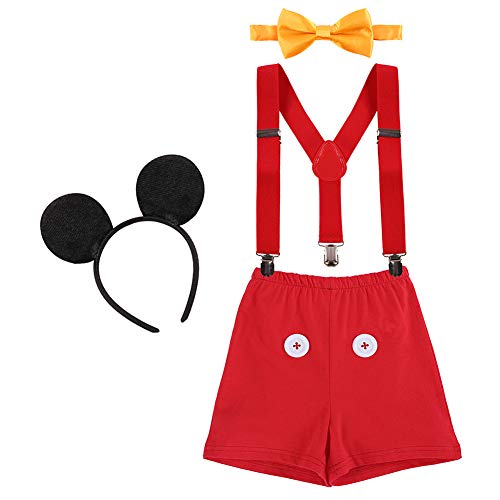 IBTOM CASTLE Neugeborenen Kleinkind Baby 1./2./3. Geburtstag Halloween Kostüm Outfit Hosen+Fliege+Clip-on Hosenträger+Maus Ohren 4pcs Bekleidungssets Foto-Shooting 009 Rot 2-3 Jahre von IBTOM CASTLE