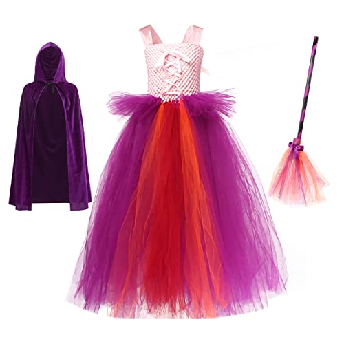 IBTOM CASTLE Sarah Sanderson Kostüm Kinder Mädchen Sanderson Sisters kostüm Kind Hexen Tulle Kleid Umhang mit Hexenhut Hexenbesen Set Hocus Pocus Kleid Violett 1 6-7 Jahre von IBTOM CASTLE