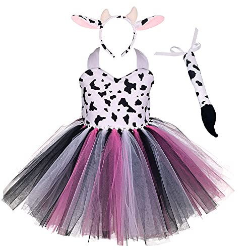 Kinder Baby Mädchen Tier Kostüme Dschungel Tiger/Leopard/Kühe/Zebra/Giraffe Dress Up Cosplay Tutu+Stirnband+Schwanz 3 Stück Weihnachten Halloween Karneval Geburtstag Partykleid Rosa Kühe 3-4 Jahre von IBTOM CASTLE