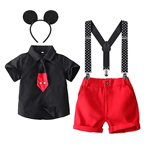 Kinder Jungen Mickey Mouse Halloween Kostüme Gentleman Krawatte Kurzarm Shirt Hemd+Y-Back Hosenträger+Shorts+Stirnband 4tlg Geburtstagsfeier Hochzeit Formal Outfit Fotografie Schwarz-4tlg 4-5 Jahre von IBTOM CASTLE