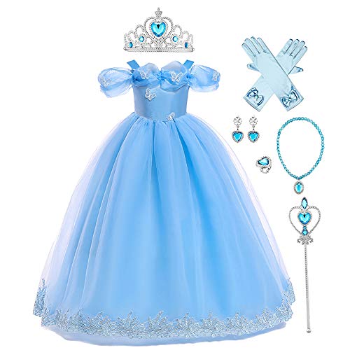 Kinder Mädchen Aschenputtel Prinzessin Kostüm Halloween Fee Cosplay Kleid Weihnachtsferien Geburtstagsfeier Abend ohne Schulter Langes Maxi-Tanzballkleid für Fotoshooting Blau+Zubehör 6-7 Jahre von IBTOM CASTLE