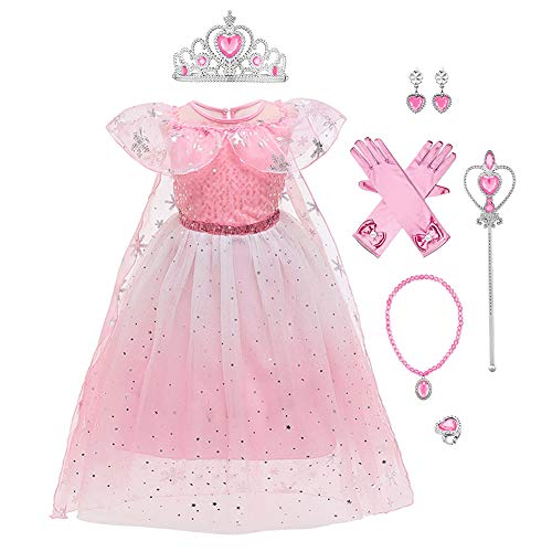 Mädchen Prinzessin ELSA Anna Schneekönigin Eiskönigin Kleid Kinder Tüll Kostüm Weihnachten Halloween Eisprinzessin Verkleidung Karneval Geburtstag Geschenk Ankleiden 03-Hellrosa 5-6 Jahre von IBTOM CASTLE