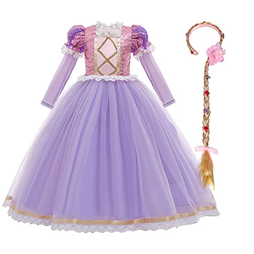 Mädchen Rapunzel Prinzessin Kostüm Kinder Grimms Karneval Tangled Märchen Partykleid Halloween Festival Geburtstag Fotoshooting Magie Faschingskostüm Festkleid Rosa lila lange Ärmel 7-8 Jahre von IBTOM CASTLE