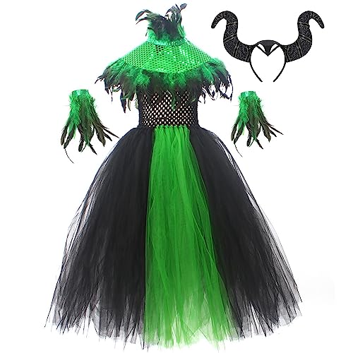 Maleficent Kostüm für Kinder Mädchen, Böse Königin Fancy Dress Up Prinzessin Tutu Kleid Hörner Zubehör Kind Magie Zauberer Halloween Karneval Cosplay Maskerade Geburtstag Party Outfit Grün 8-10 Jahre von IBTOM CASTLE