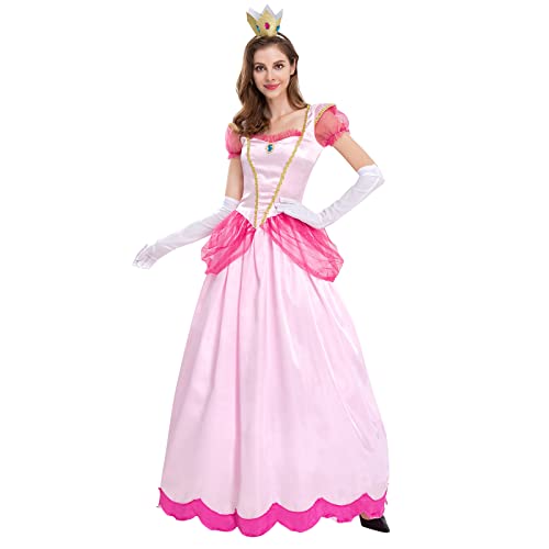 Peach kostüm Damen, Dornröschen Kostüm mädchen, Frauen Prinzessin pfirsich Kostüm, Cosplay Prinzessin Peach Erwachsenenkostüm Kleid und Krone Fasching Karneval Verkleidung Partykleid Rosa M von IBTOM CASTLE