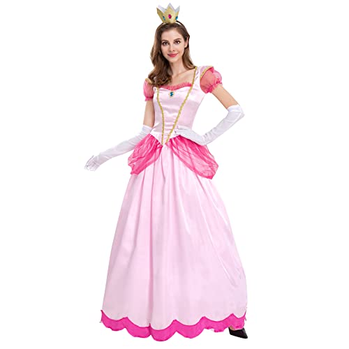 Peach kostüm Damen, Dornröschen Kostüm mädchen, Frauen Prinzessin pfirsich Kostüm, Cosplay Prinzessin Peach Erwachsenenkostüm Kleid und Krone Fasching Karneval Verkleidung Partykleid Rosa XL von IBTOM CASTLE