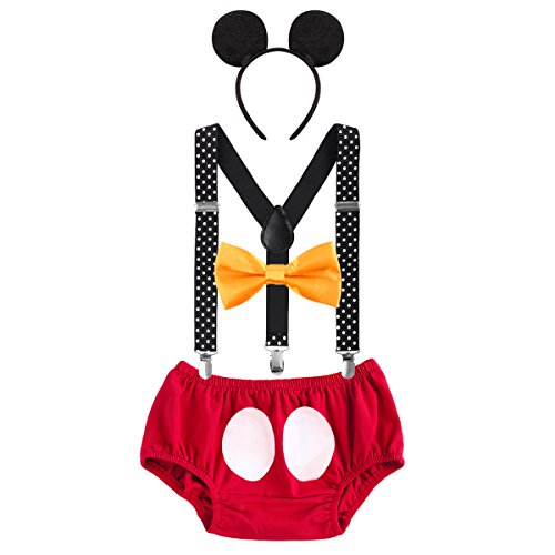 Säugling Baby Jungen Mädchen Mickey Mouse 1. / 2./ 3. Geburtstag Halloween Kostüm Outfit Set Unterhose+Fliege + Y-Form Hosenträger+Maus Ohren 4pcs Bekleidungssets 001 Rot & Polka Dots 6-12 Monate von IBTOM CASTLE