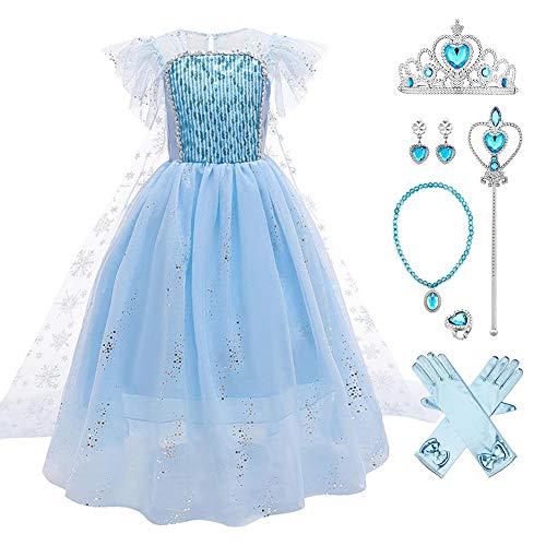 Schneekönigin Eiskönigin Prinzessin ELSA Kostüme für Mädchen Kinder Tüll Kleid mit Umhang Zubehör Eisprinzessin Verkleidung Halloween Cosplay Karneval Ankleiden Fasching Kleidung 01-Blau 4-5 Jahre von IBTOM CASTLE