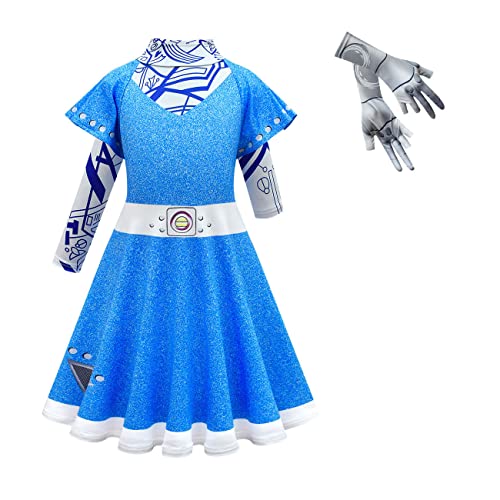 IBTOM CASTLE Halloween Kostüm für Kinder Mädchen, Halloween Cosplay Langarm Blau Kleid mit Handschuhen Karneval Outfits Geburtstagsfeier Verkleidung Up 5-13 Jahre Seeblau 10-11 Jahre von IBTOM CASTLE