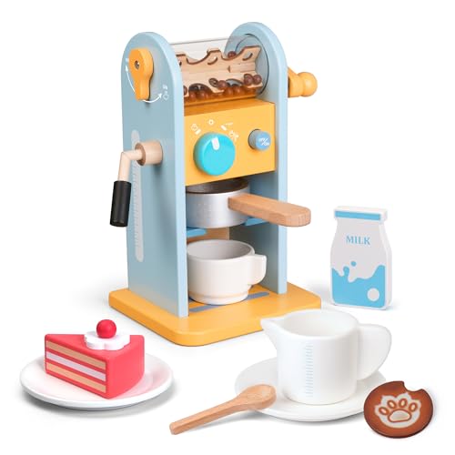 ICEKO Kinder HolzSpielzeug Kaffeemaschine Set - 11-teilig in Blau | Ideales Küchenzubehör für Rollenspiele in Kinderküchen Jungen und Mädchen ab 3+ von ICEKO KN