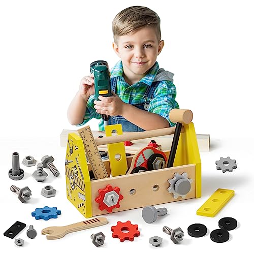 Kinder Werkzeugkoffer Spielzeug, Holzspielzeug Werkzeugkasten, Montessori Kinderspielzeug für Jungen und Mädchen,geeignetes Kleine Geschenke für Kinder ab 2 3 4 5 6 Jahren (33 Stück) von ICEKO KN