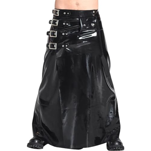 IDDSI Schwarze sexy Latex-Kiltröcke mit Gürteln und Schnallen an der Seite, lange knöchellange Gummihosen, Uniform, weiß, XS von IDDSI