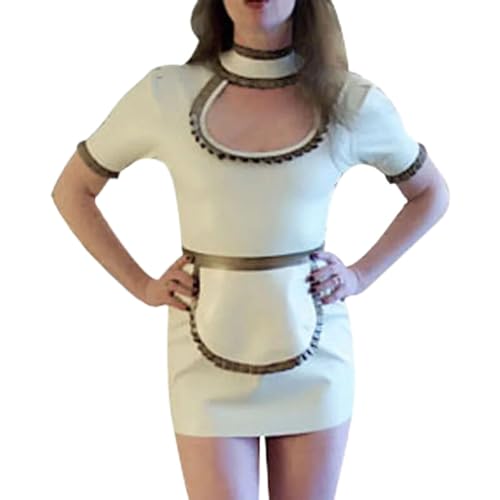 IDDSI With And Golden Sexy Latex French Maid Pencil Dress With Apron Zipper Back Puffärmel Rubber Uniform Bodycon Playsuit, Pflaumenrot W Gold, XL von IDDSI