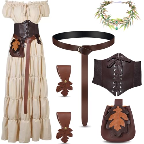 IDEWEI Renaissance-Kostüm für Damen, 3-Minuten-Schnell-Ren-Faire-Kostüm mit Renaissance-Kleid, Korsettgürtel, Blumenkrone, Stirnband, Lederrock, Wanderungen, Blattgürtel, Tasche, Renaissance IDEWEI Renaissance-Kostüm für Damen, 3-Minuten-Schnell-Ren-Faire-Kostüm mit Renaissance-Kleid, Korsettgürtel, Blumenkrone, Stirnband, Lederrock, Wanderungen, Blattgürtel, Tasche, Renaissance von IDEWEI