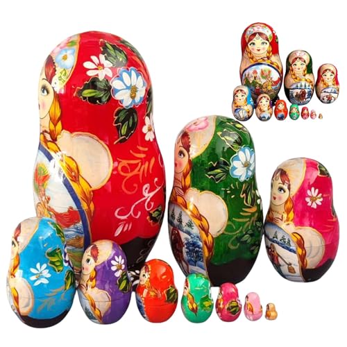 IDIDOS Matroschka-Nistpuppen, russische Holzspielzeug-Nistpuppen, 10-teiliges Russisches Stapelpuppenspielzeug, Lernspielzeug, handbemalte verschachtelte Puppen für Kinder, Muttertag, Heimdekoration von IDIDOS