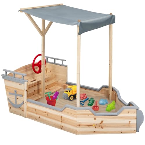 IDMarket - Sandkasten World aus Holz, Piratenschiff, mit Sitzbank und grauem Dach von IDMarket