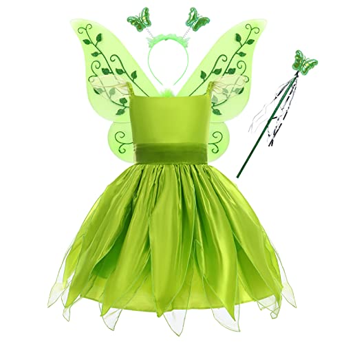 Feenkostüm für Mädchen, Tinkerbell, Verkleidung, Prinzessin, Partykleid, Feen-Schmetterlingsflügel, Zauberstab, Stirnband, 4 Stück, Outfits für Geburtstagsparty, Halloween, Grün 02, 4–5 Jahre von IDOPIP