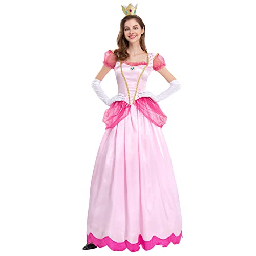 Frauen Prinzessin Pfirsich Kostüm mit Pfirsichkrone und Handschuhen für Halloween Cosplay Karneval Erwachsene Prinzessin Verkleidung Up 3 Stück Outfits, rose, 42 von IDOPIP