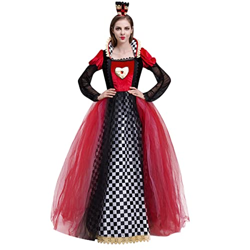 IDOPIP Damen Herz-Königin Kostüm Rot Königin Kleid Cosplay Kostüm mit Mini Krone Alice im Wunderland Karneval Fasching Königin der Herzen Kostüm für Halloween Cosplay Party Rot Tüll M von IDOPIP