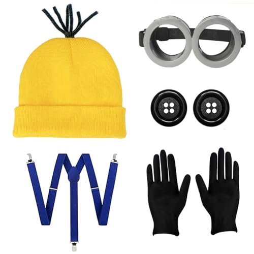 IDOTTA 5-teiliges gelbes Halloween-Kostüm-Zubehör-Set für Erwachsene und Frauen, Brille, gelbe Beanie, Mütze, Handschuhe, Knöpfe, Hosenträger Cosplay, Party-Set IDOTTA 5-teiliges gelbes Halloween-Kostüm-Zubehör-Set für Erwachsene und Frauen, Brille, gelbe Beanie, Mütze, Handschuhe, Knöpfe, Hosenträger Cosplay, Party-Set von IDOTTA