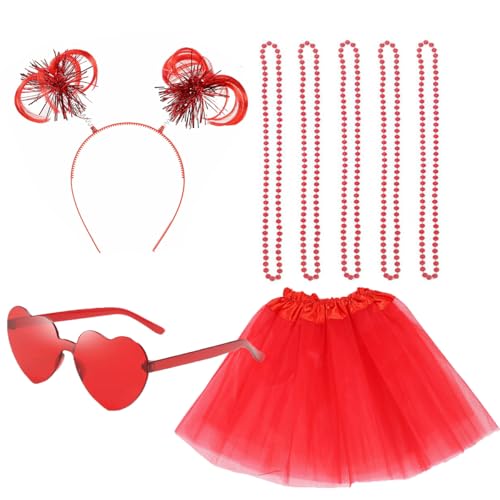 IDOTTA Tutu-Kostüm-Set für Damen, blau, grün, rot, geschichtet, Tüllröcke, Pompon, Stirnband, Herz, Sonnenbrille, Halsketten, 70er, 80er, 90er, Tutu-Kostüm-Set von IDOTTA