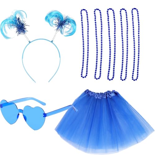 IDOTTA Tutu-Kostüm-Set für Damen, blau, grün, rot, geschichtet, Tüllröcke, Pompon, Stirnband, Herz, Sonnenbrille, Halsketten, 70er, 80er, 90er, Tutu-Kostüm-Set von IDOTTA