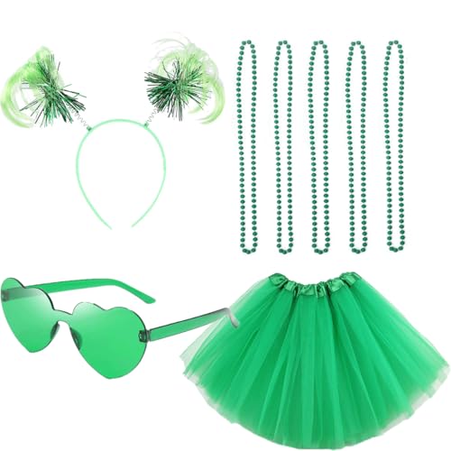 IDOTTA Tutu-Kostüm-Set für Damen, blau, grün, rot, geschichtet, Tüllröcke, Pompon, Stirnband, Herz, Sonnenbrille, Halsketten, 70er, 80er, 90er, Tutu-Kostüm-Set von IDOTTA