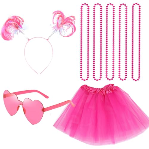 IDOTTA Tutu-Kostüm-Set für Damen, blau, grün, rot, geschichtet, Tüllröcke, Pompon, Stirnband, Herz, Sonnenbrille, Halsketten, 70er, 80er, 90er, Tutu-Kostüm-Set von IDOTTA