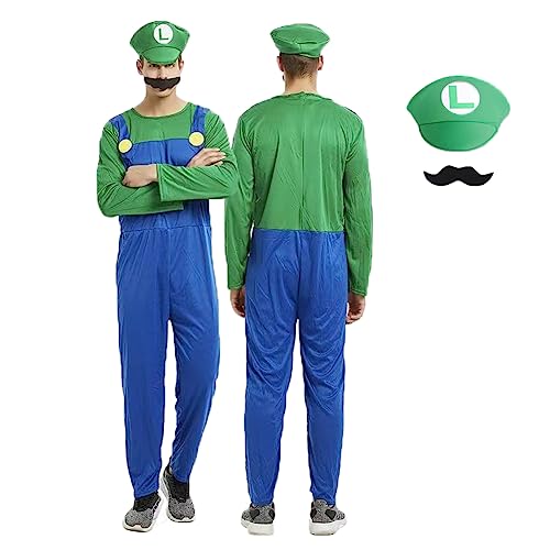 Super Bros Klempner Kostüm Bodysuit mit Luigi Bros Hüte Kappe Schnurrbärte für Kinder Erwachsene Halloween Cosplay Karneval von IDOTTA