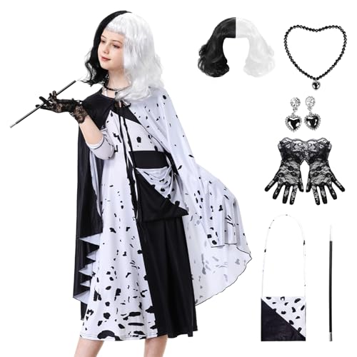 IEEILULU Cruella Devil Kostüm Mädchen, Cruella Kostüm Mädchen, Cruella de vil Kostüme mit Cruella Perücke Zubehör, Faschingskostüme für Karneval Cosplay Halloween Party Dress Up von IEEILULU