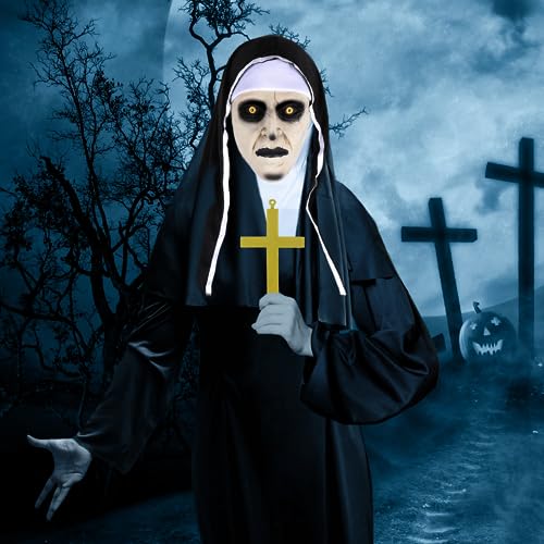 IEEILULU Halloween Nonne Kostüm, Scary Nonne Outfit für Damen mit The Nun Horror Maske, Nonnenkostüm Schwarz für Erwachsene Halloween Fasching Karneval Kirchen Motto Party (M) von IEEILULU