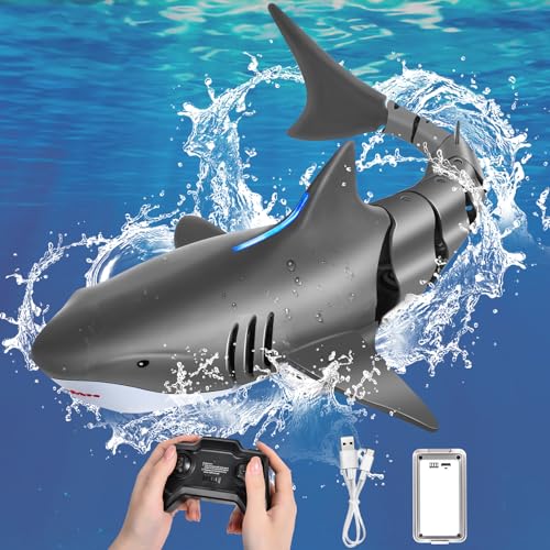 IEEILULU Ferngesteuerter Hai, 2.4GHz Ferngesteuert Hai Boot mit USB, Wasserspielzeug Kinder, Pool Spielzeug, Simulation RC Hai Wasserspielzeug Geschenk für 8+ Jahre Jungen Mädchen (Schwarz Grau) von IEEILULU