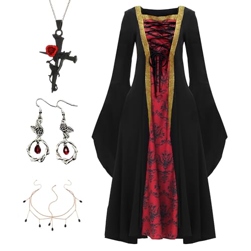 IEEILULU Vampir Kostüm Damen, Mittelalter Kleidung Damen Gotisch Kapuzen Vampirkostüm mit Halskette und Ohrringen, Kostüm Damen für Halloween Fasching Cosplay Maskerade (L) von IEEILULU