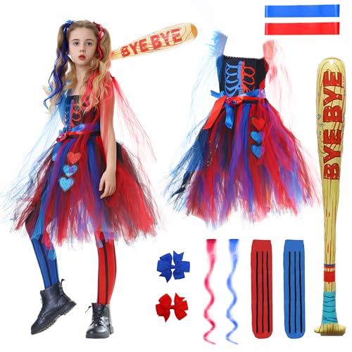 IEEILULU Quinn Kostüme Mädchen, Harley Kleid Set mit Perücke Strümpfe Aufblasbaren Schläger Accessoires, Harley Quinn Kostüme für Kinder Karneval Cosplay von IEEILULU