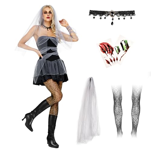 IEEILULU Halloween Zombie Braut Kostüm Damen, Halloween Brautkleid mit Halskette und Schleier, Friedhofsbraut Kleid Geisterbraut Kostüm Damen für Halloween Fasching Cosplay-Kurzer Rock(M) von IEEILULU