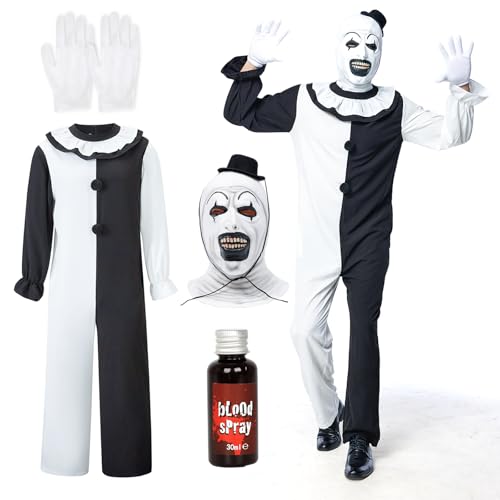 IEEILULU Horror Clown Kostüm Herren, Halloween Terrifier Art the Clown Jumpsuit Set Mit Schwarz Weißer Overall und Hut Maske für Karneval (XL) von IEEILULU