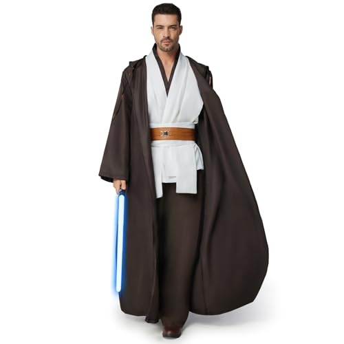 IEEILULU Jedi Kostüm Set mit Blau Lightsaber, Kapuzenumhang und Mittelalter Tunika für Herren - Halloween, Karneval (Weiß, XXL) von IEEILULU