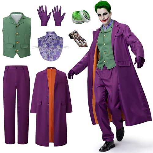 IEEILULU Joker Kostüm Herren, Horror Clown Kostüm Herren Halloween Killer Joker Outfit Herren Set mit Lila Mantel, Grüne Weste, Hose, Krawatte, Falschem Hemdkragen und Handschuhen für Halloween (L) von IEEILULU