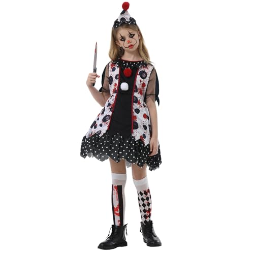 IEEILULU Clown Kostüm Mädchen, Horror Clown Kostüm, Gruseliges Clown Kostüm Kinder, Killer Clown Outfit Mädchen mit Strümpfe für Halloween Karneval (Rot, 5-7 Jahre) von IEEILULU