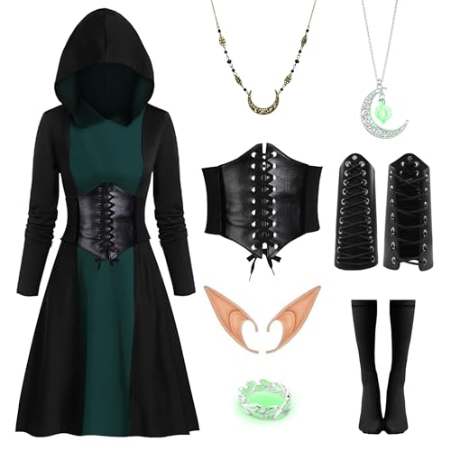 IEEILULU Mittelalter Kleidung Damen, Gothic Kleid Damen mit Kapuze, Halloween Mittelalter Kleid Damen mit Elfenohren, Korsett, Mittelalter Kostüm Damen für Karneval Halloween (Grün, XL) von IEEILULU