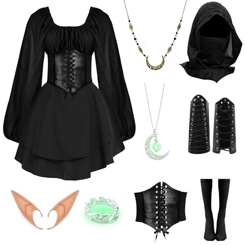 IEEILULU Mittelalter Kleidung Damen, Gothic Kleid Damen mit Kapuze, Halloween Mittelalter Kleid Damen mit Elfenohren, Korsett, Mittelalter Kostüm Damen für Karneval Halloween (Schwarz, L) von IEEILULU