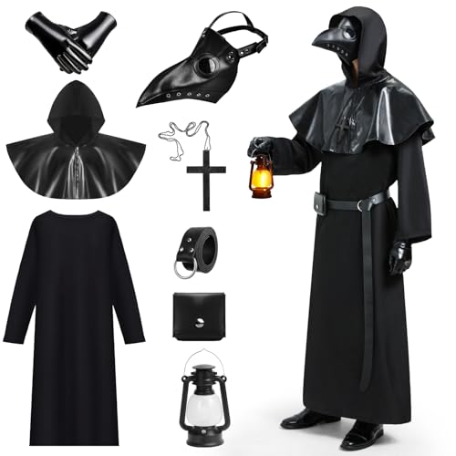 IEEILULU Pestdoktor Kostüm Herren, Plague Doctor Costume, Halloween Kostüm Herren Pestarzt mit Pestdoktor Maske, Leder-Gürteltasche und Laterne, Mittelalter Seuchendoktor Outfit für Erwachsene (M) von IEEILULU