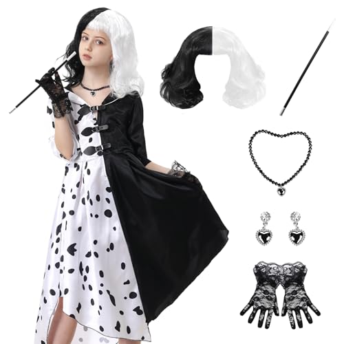 IEEILULU Cruella Devil Kostüm Mädchen, Cruella Kostüm Mädchen, Cruella de vil Kostüm mit Cruella Perücke Zubehör, Faschingskostüme Cruella Mädchen für Karneval Cosplay Halloween Party Dress Up von IEEILULU