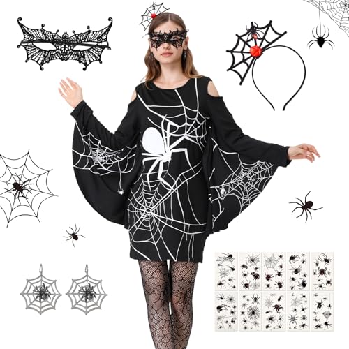 IEEILULU Spinnen Kleid Damen, Halloween Kostüm Damen Spinne, Fledermaus Spinnenkostüm Damen, Spinne Verkleidung Dame Outfit Set mit Maske, Netzstrümpfe Spitzen-Augenmaske (Spinnen, L) von IEEILULU