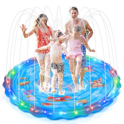 IEEILULU Splash Pad, 170CM Sprinkler Wasser Spielmatte mit LED Leuchten, Wasserspielzeug Kinder Outdoor Spielzeug, Sprinkler Play Matte für Sommer Garten (Blau) von IEEILULU