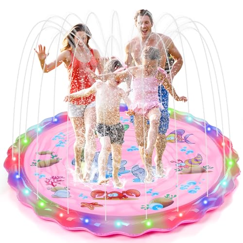 IEEILULU Splash Pad, 170CM Sprinkler Wasser Spielmatte mit LED Leuchten, Wasserspielzeug Kinder Outdoor Spielzeug, Sprinkler Play Matte für Sommer Garten (Rosa) von IEEILULU