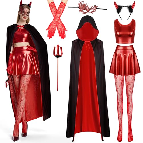 IEEILULU Teufel Kostüm Damen, Frauen Teufelkostüm mit Teufelsgabel, Stirnband, Augenbinde und Handschuhen, Schwarz Rot Doppelseitig Teufel Umhang Set für Halloween, Karneval, Masquerade, Cosplay (M) von IEEILULU