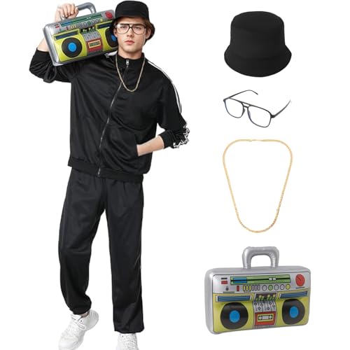 80er 90er Jahre Outfit für Herren 90er Trainingsanzug Kostüm Retro Cool Rapper Kostüm Outfits mit Hut Halskette Sonnenbrille Aufblasradio (M) von IFFEI